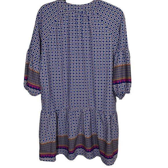 Peach Love California Boho Blue Mini Dress Puff Sleeve Border Print Small - Picture 2 of 12
